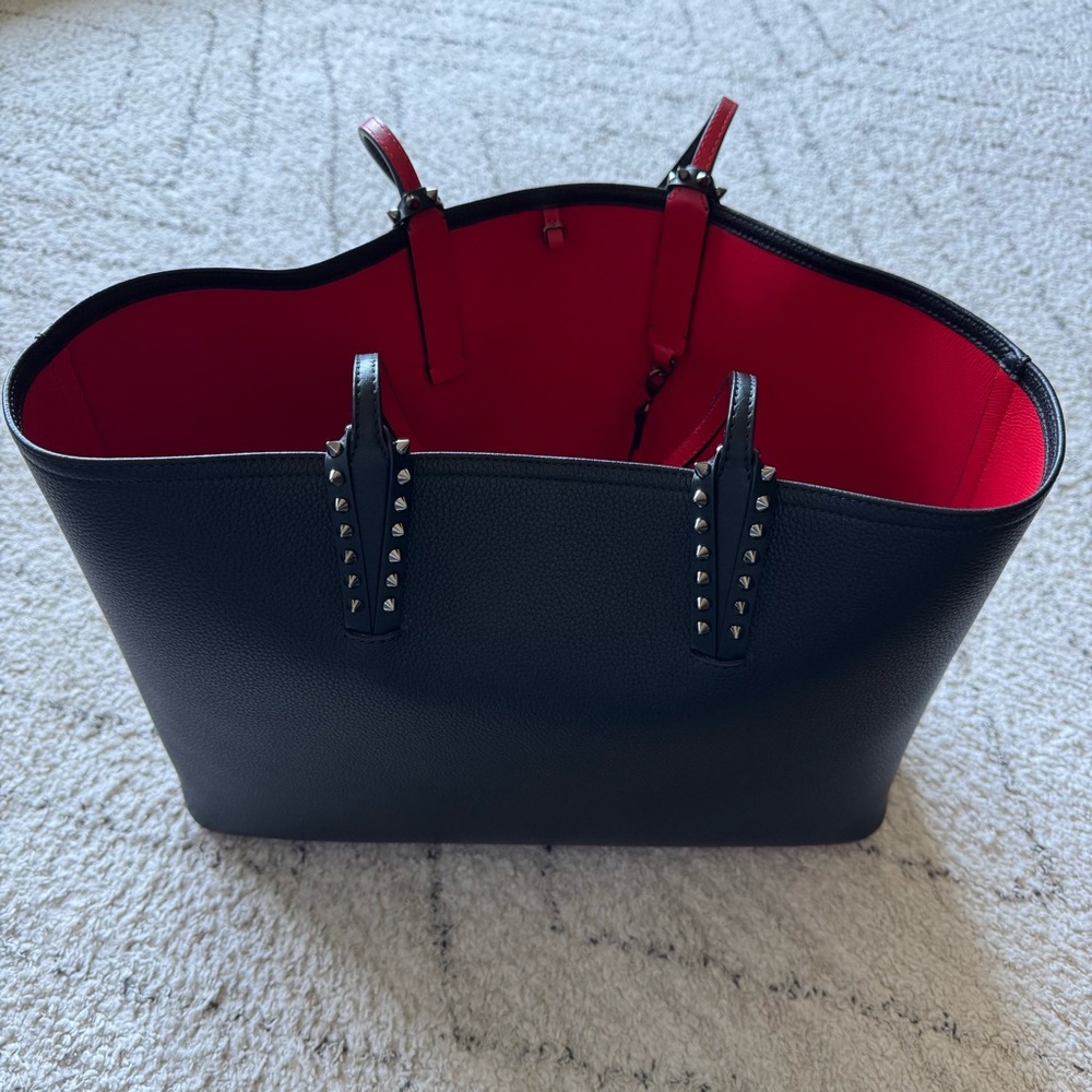 Christian Louboutin Cabata Calfskin Black and Red Studded Leather Tote
